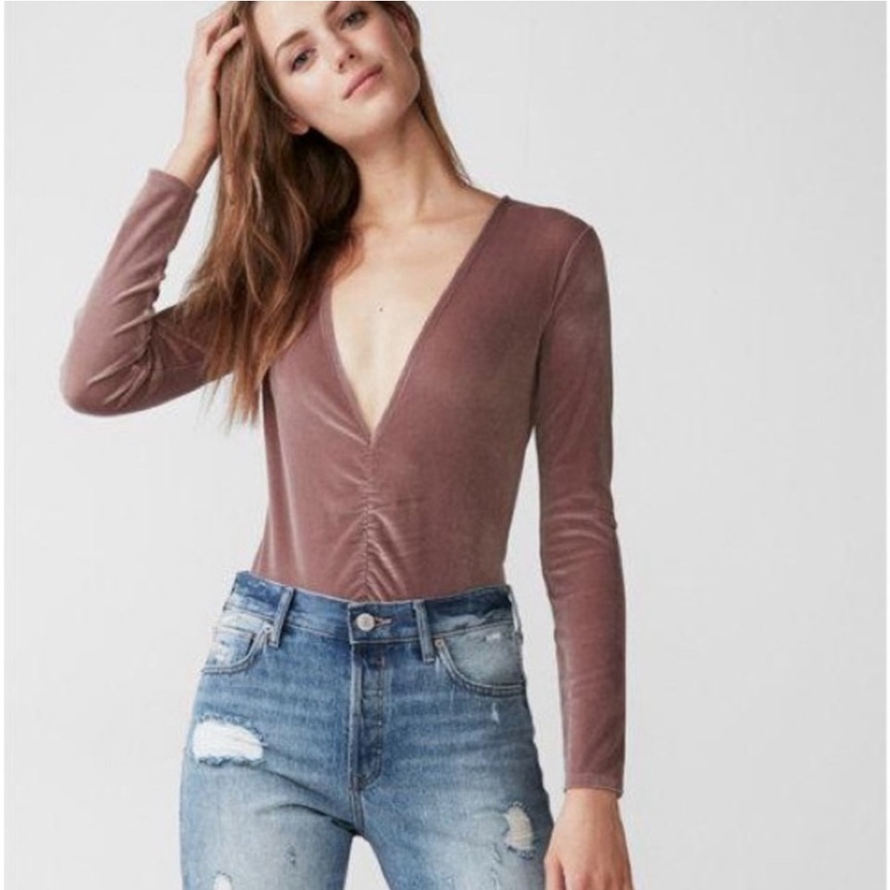 Express Long Sleeve Deep Plunge Velvet Bodysuit - Blush